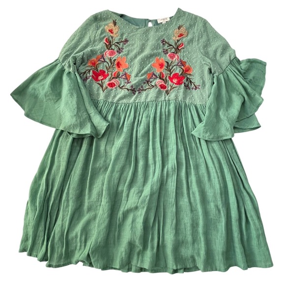 Umgee Floral Embroidered Mini Dress Tunic Womens Sz L Green Boho Garden Wedding - Picture 10 of 11